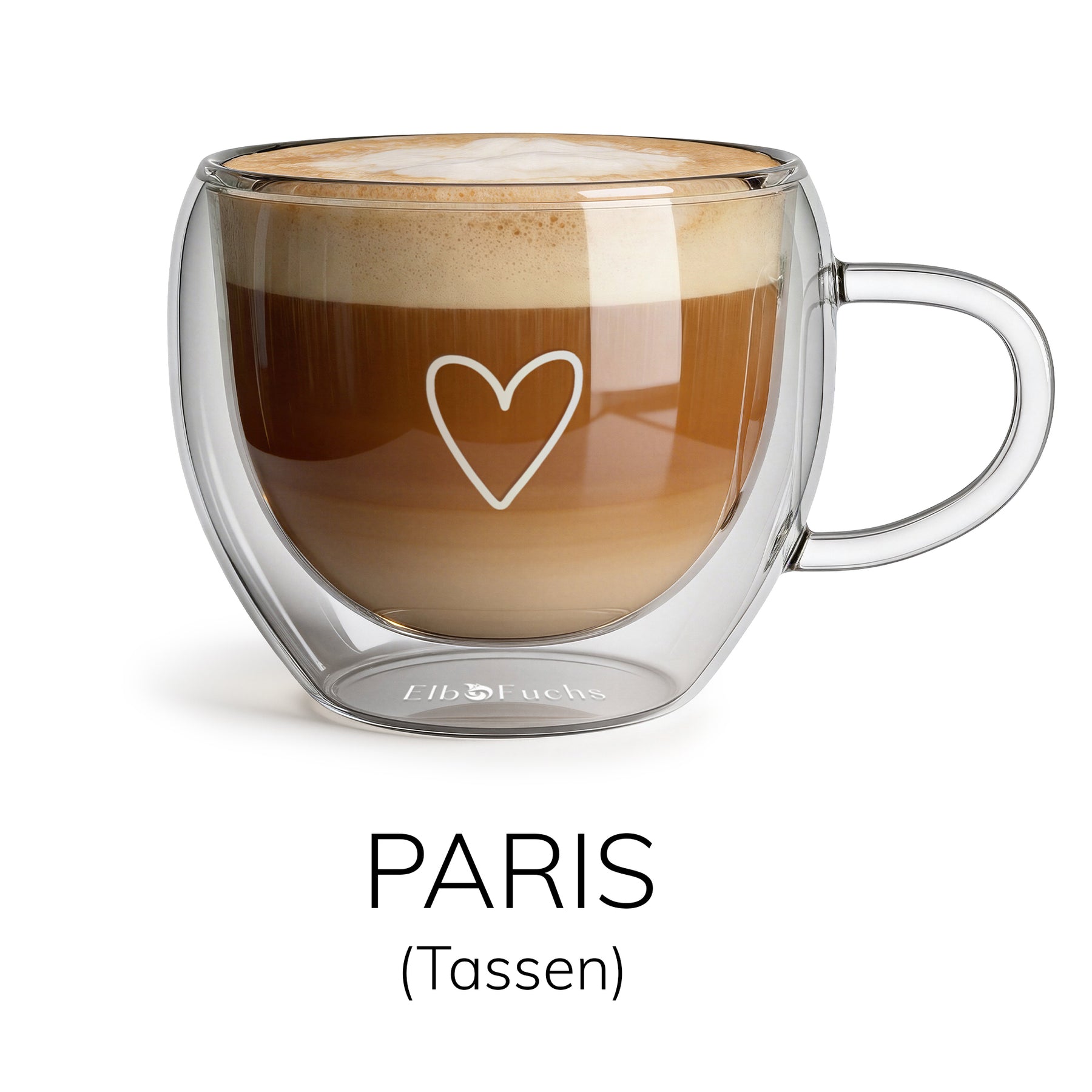 ElbFuchs PARIS doppelwandiges Cappuccino-Glas (250ml) mit Henkel und Herz-Motiv gefüllt mit Cappuccino und cremiger Schaumkrone.
