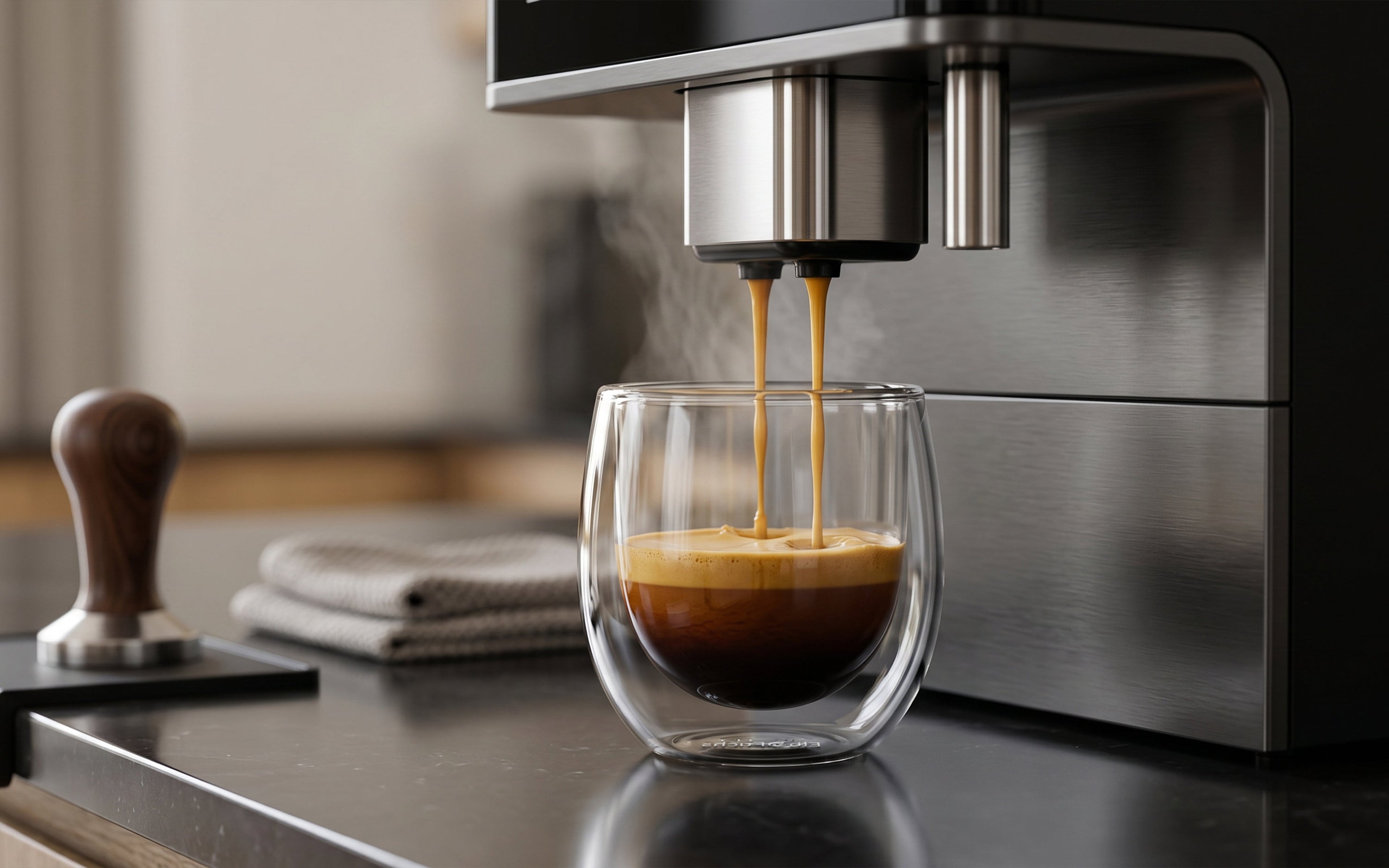 Doppelwandiges Espressoglas von ElbFuchs unter einer Espressomaschine mit dampfendem Kaffee, Kaffeetamper und Barista-Equipment auf der Küchenarbeitsplatte