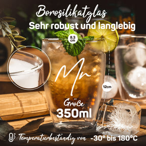 Ein doppelwandiges ElbFuchs Borosilikatglas mit der Gravur 'Mr', gefüllt mit einem eisgekühlten Drink, Minze und Limette, mit Maßangaben von 8,3 cm Durchmesser und 12 cm Höhe für die 350-ml-Ausführung.