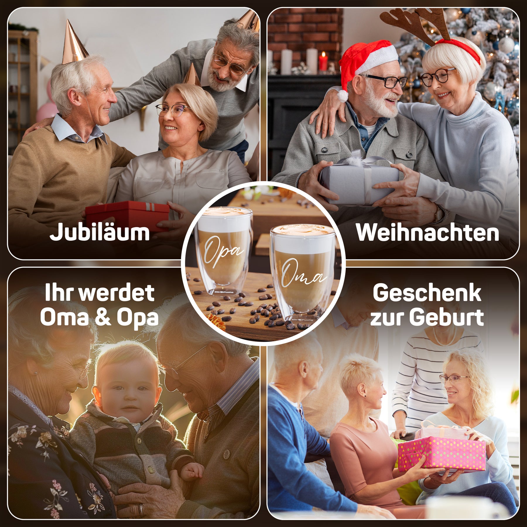 Bildcollage mit vier Momenten für die ElbFuchs Oma-&-Opa-Gläser: ein fröhliches Jubiläum, ein weihnachtliches Paar mit Nikolausmützen, frischgebackene Großeltern mit Baby und eine Geburtsgeschenk-Übergabe, in der Mitte die gravierten Gläser 'Oma' und 'Opa'.