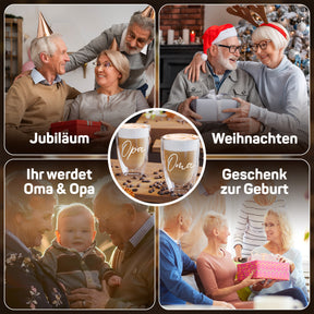 Bildcollage mit vier Momenten für die ElbFuchs Oma-&-Opa-Gläser: ein fröhliches Jubiläum, ein weihnachtliches Paar mit Nikolausmützen, frischgebackene Großeltern mit Baby und eine Geburtsgeschenk-Übergabe, in der Mitte die gravierten Gläser 'Oma' und 'Opa'.