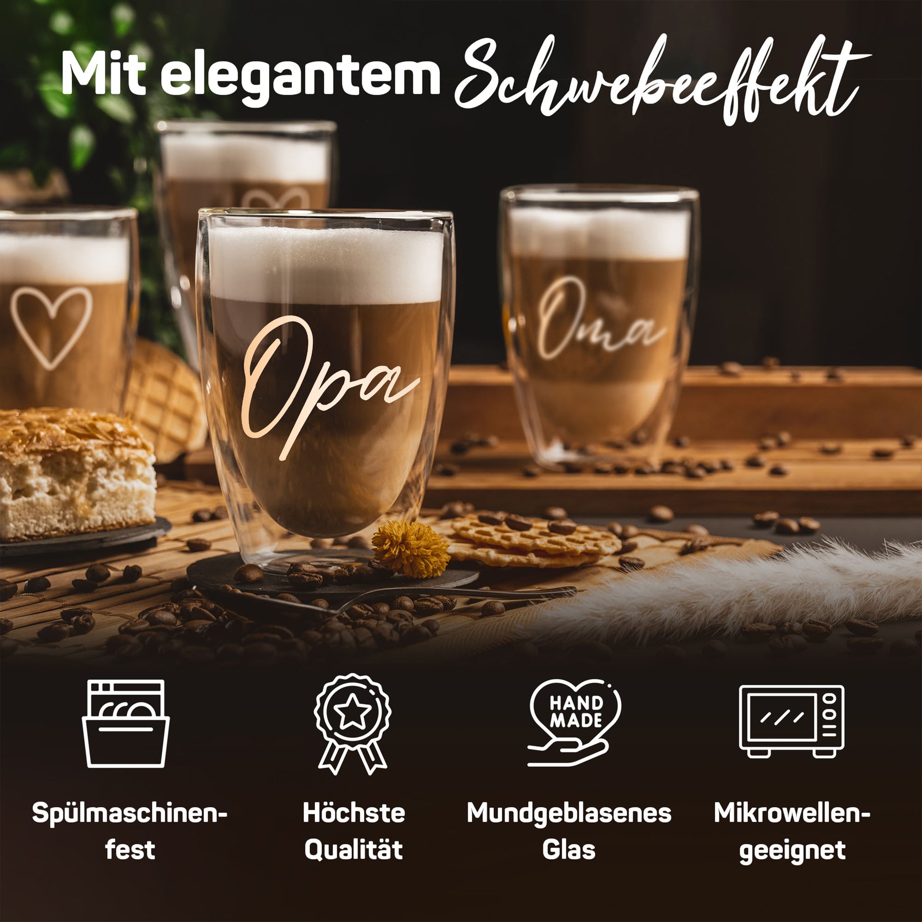 Latte-macchiato-Gläser der ElbFuchs Oma-&-Opa-Serie mit elegantem Schwebeeffekt auf einem Holztablett, umgeben von Symbolen für Spülmaschinenfestigkeit, höchste Qualität, Handarbeit und Mikrowellentauglichkeit.