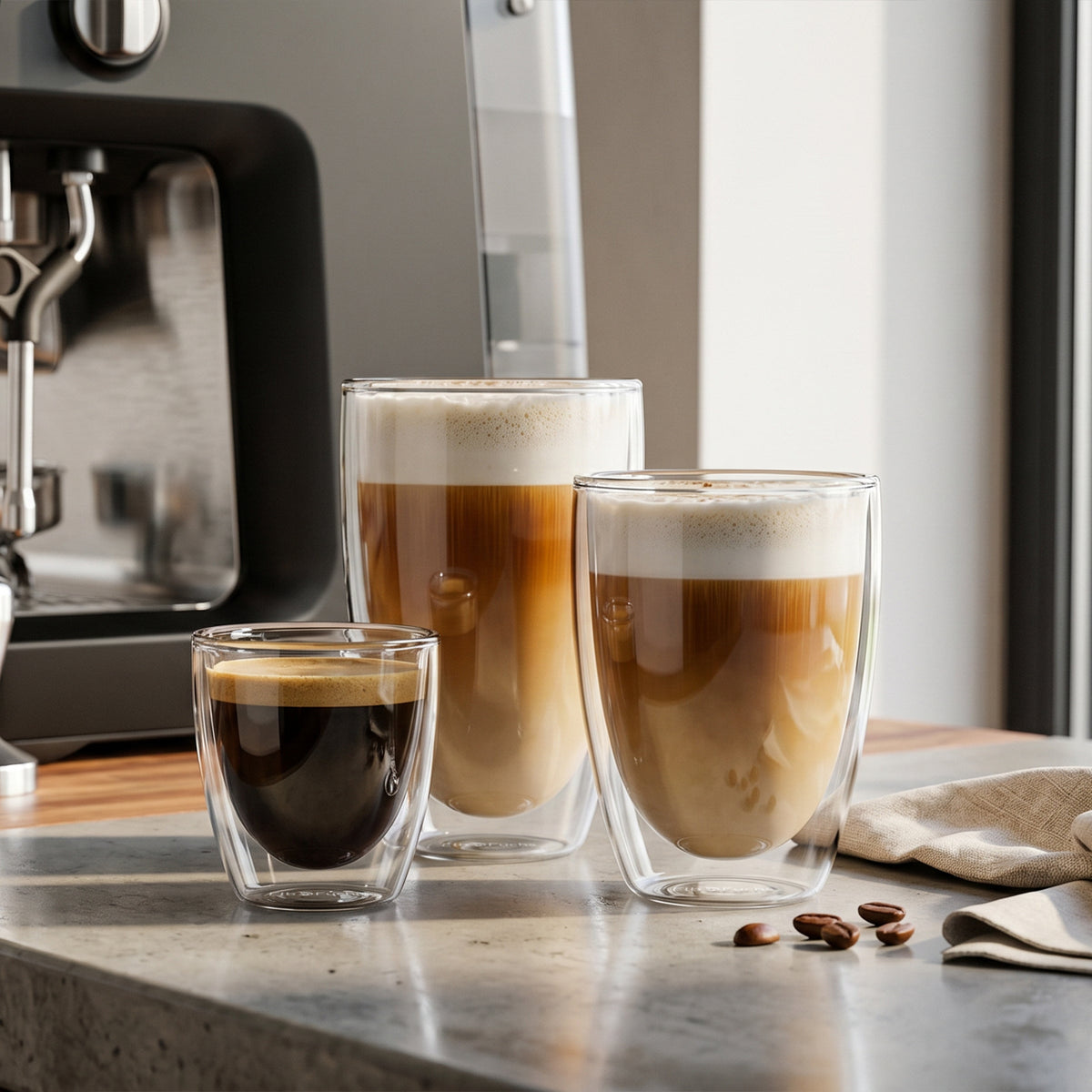 ElbFuchs doppelwandiges Gläser-Set aus Borosilikatglas in drei Größen auf einer grauen Küchenarbeitsplatte neben einer Espressomaschine. Ein kleines Glas mit Espresso, ein hohes Latte-Macchiato-Glas und ein mittleres Cappuccinoglas, dekoriert mit Kaffeebohnen und einem Leinentuch im sanften Tageslicht. Zeitlose Thermogläser für ein bewusstes Kaffeeritual zu Hause.