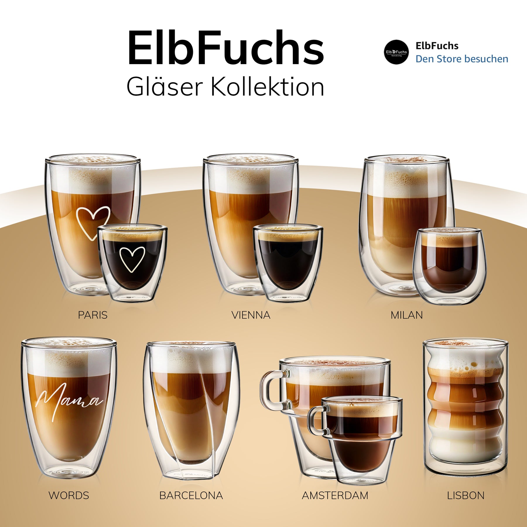 Grafische Übersicht der ElbFuchs Gläser-Kollektion mit acht doppelwandigen Varianten – darunter Paris, Vienna, Milan, Words, Barcelona, Amsterdam und Lisbon – jeweils gefüllt mit Latte macchiato und Espresso.