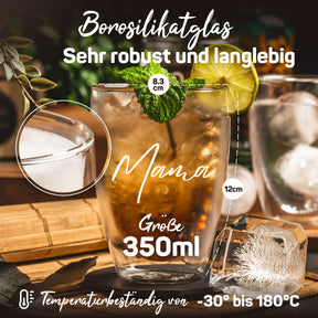 Ein ElbFuchs Borosilikatglas mit der Gravur 'Mama' ist mit Eistee, Minze und Limette gefüllt, mit Maßangaben von 8,3 cm Durchmesser und 12 cm Höhe bei 350 ml Volumen und Hitzebeständigkeit von -30 bis 180 Grad.