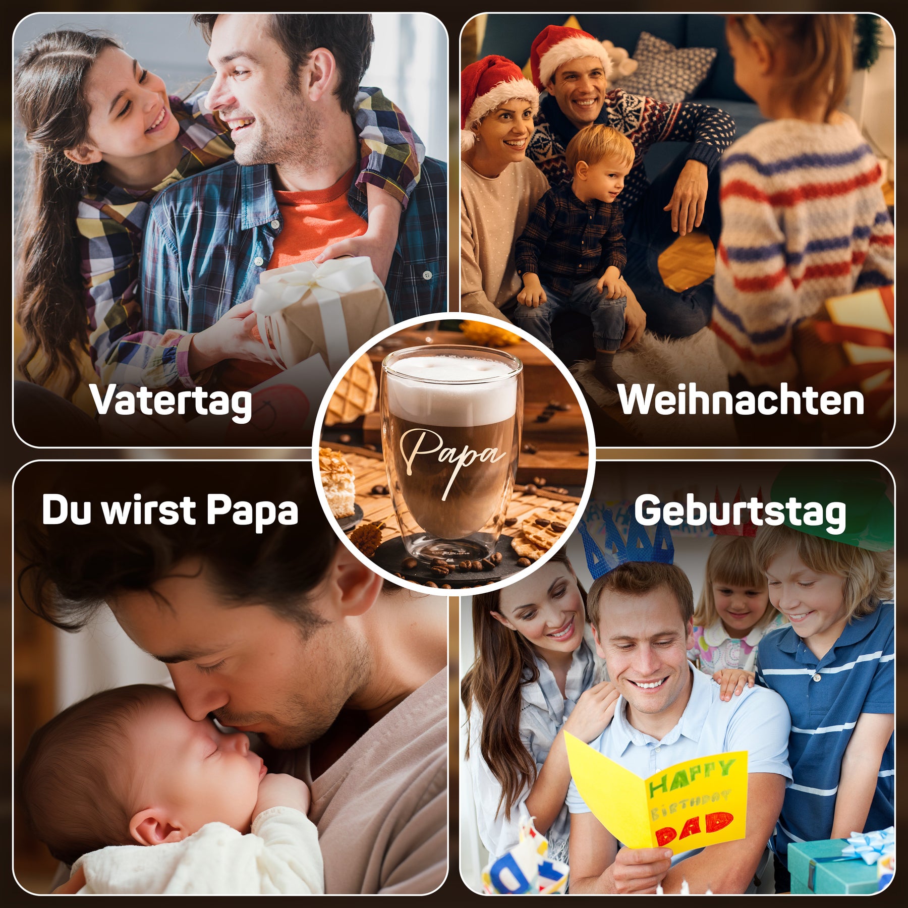 Eine Bildcollage zeigt vier Anlässe für das ElbFuchs Glas 'Papa': ein Paar am Vatertag, eine Familie mit Weihnachtsmützen, einen Mann, der sein Baby küsst, unter der Überschrift 'Du wirst Papa', sowie einen Vater, der eine Geburtstagskarte erhält, mit dem Glas in der Bildmitte.