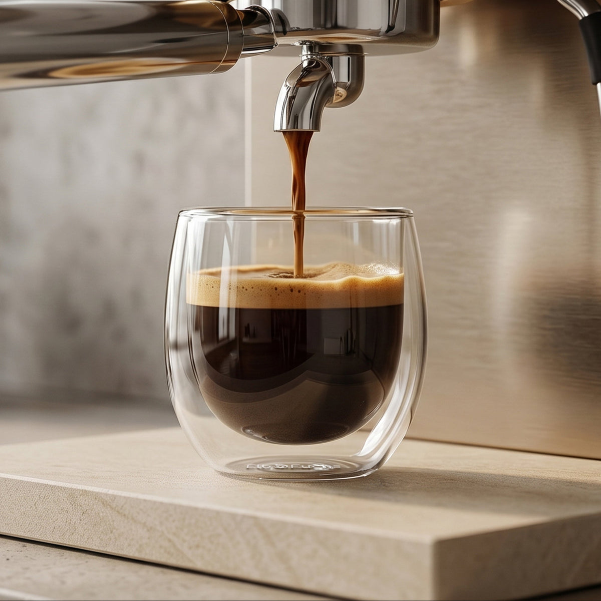ElbFuchs MILAN doppelwandiges Espressoglas (100ml) aus Borosilikatglas, in das frischer Espresso aus dem Auslauf einer Siebträgermaschine fließt. Das kleine Thermoglas zeigt eine reichhaltige, goldbraune Crema und steht auf einer hellen Unterlage vor einer minimalistischen Edelstahl-Kulisse.