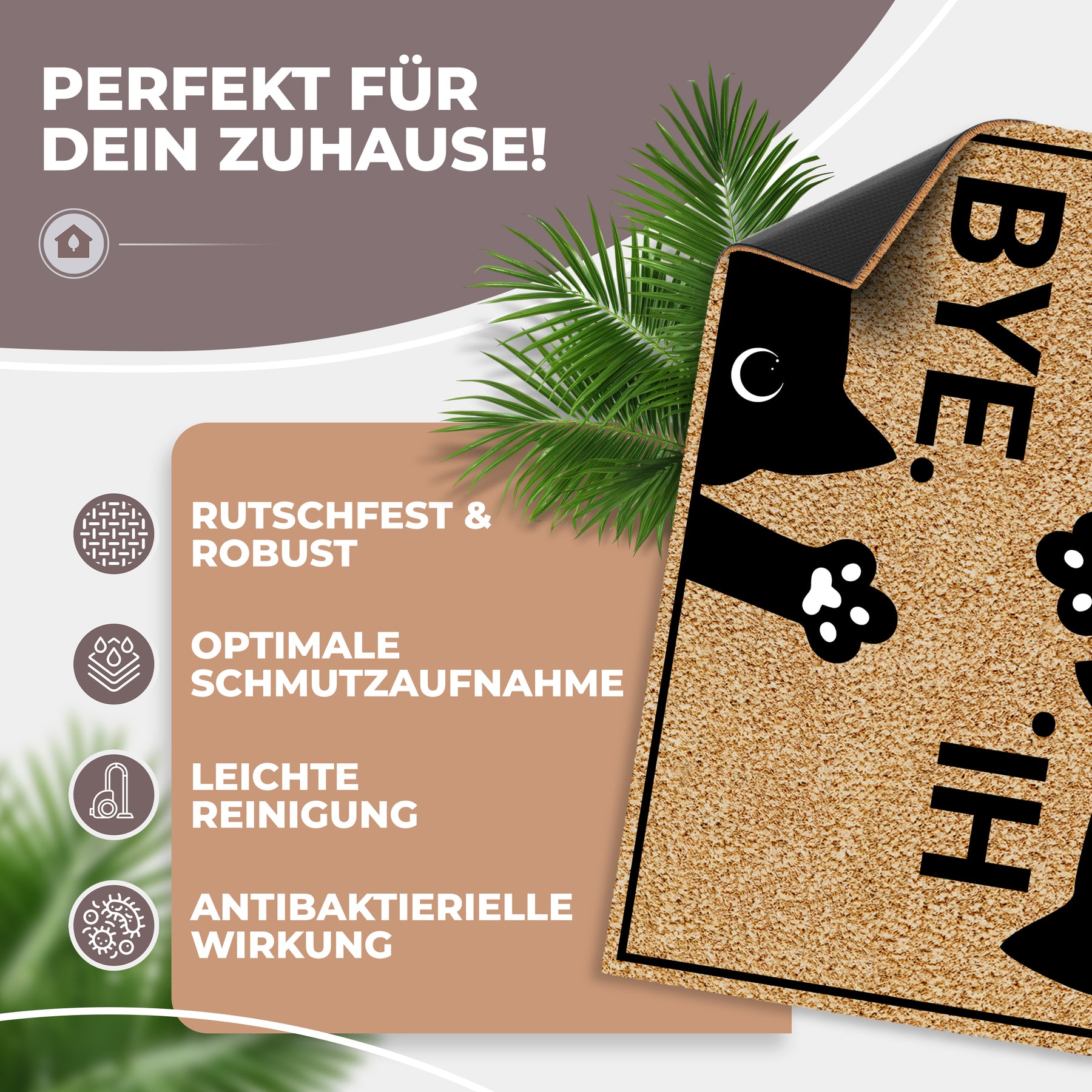 Illustration der ElbFuchs Kokos-Fußmatte mit Katzenmotiv 'HI.' und 'BYE.', die leicht angehoben die rutschfeste schwarze Unterseite zeigt, mit Hinweisen zu Robustheit und einfacher Reinigung.