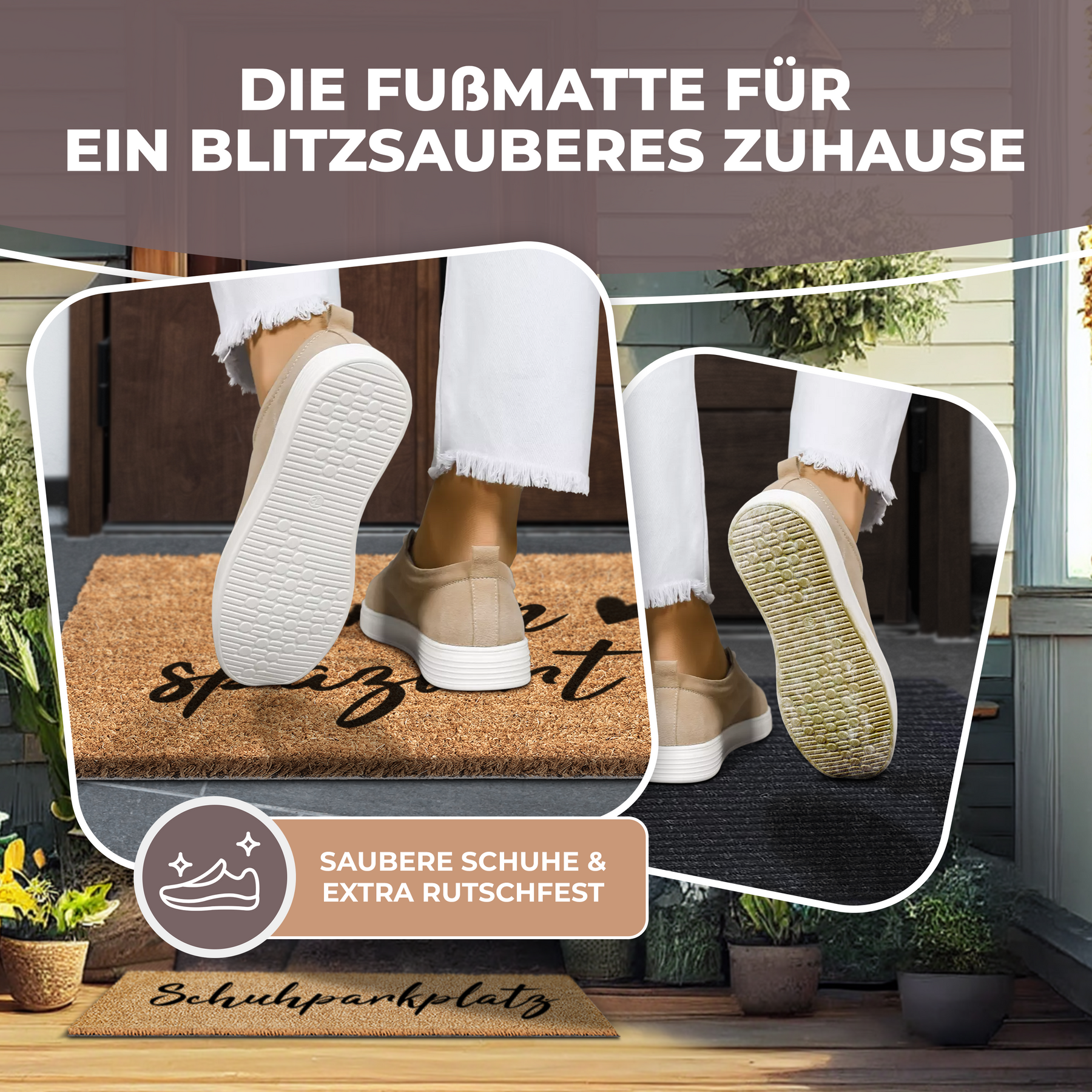 Zwei Füße in weißer Hose und beigen Sneakers treten auf die ElbFuchs Kokosfußmatte „herein spaziert“ vor einer Haustür, während Nahaufnahmen der Schuhsohlen die rutschfeste Wirkung zeigen, ergänzt durch das Badge „Saubere Schuhe & extra rutschfest“.