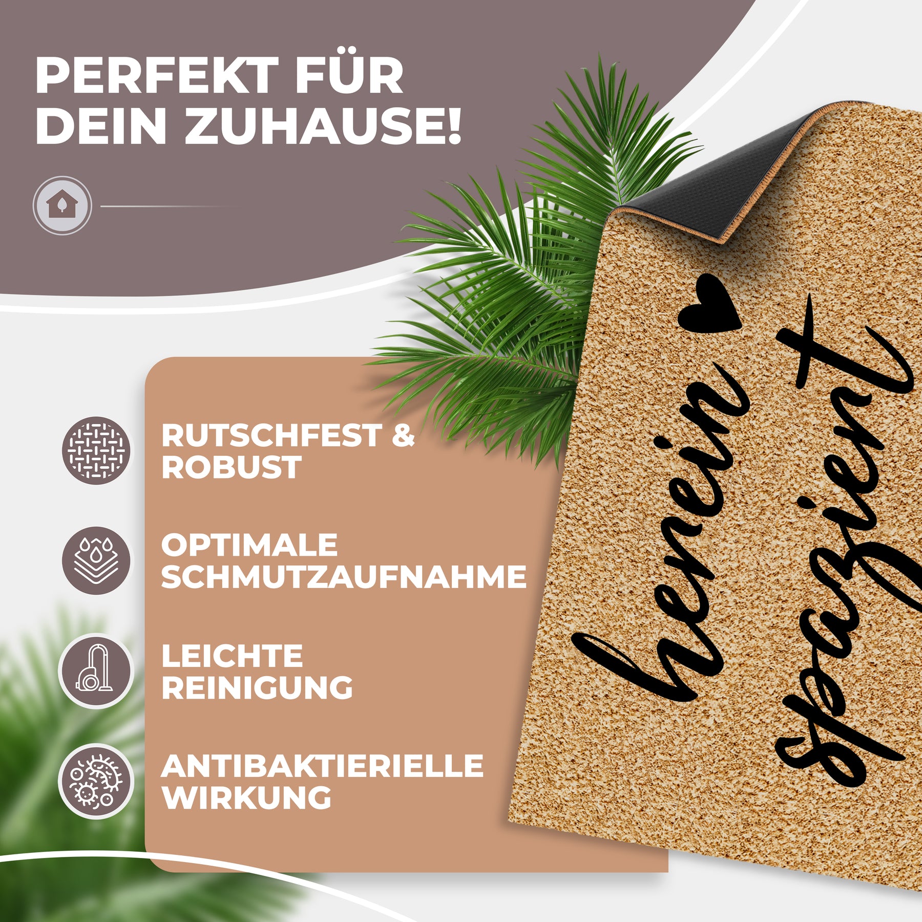 Eine hochgeklappte ElbFuchs Kokosfußmatte mit dem Schriftzug „herein spaziert“ und Herz zeigt ihre schwarze rutschfeste Unterseite vor Palmblättern, dazu Hinweise zu Robustheit, Schmutzaufnahme, leichter Reinigung und antibakterieller Wirkung.