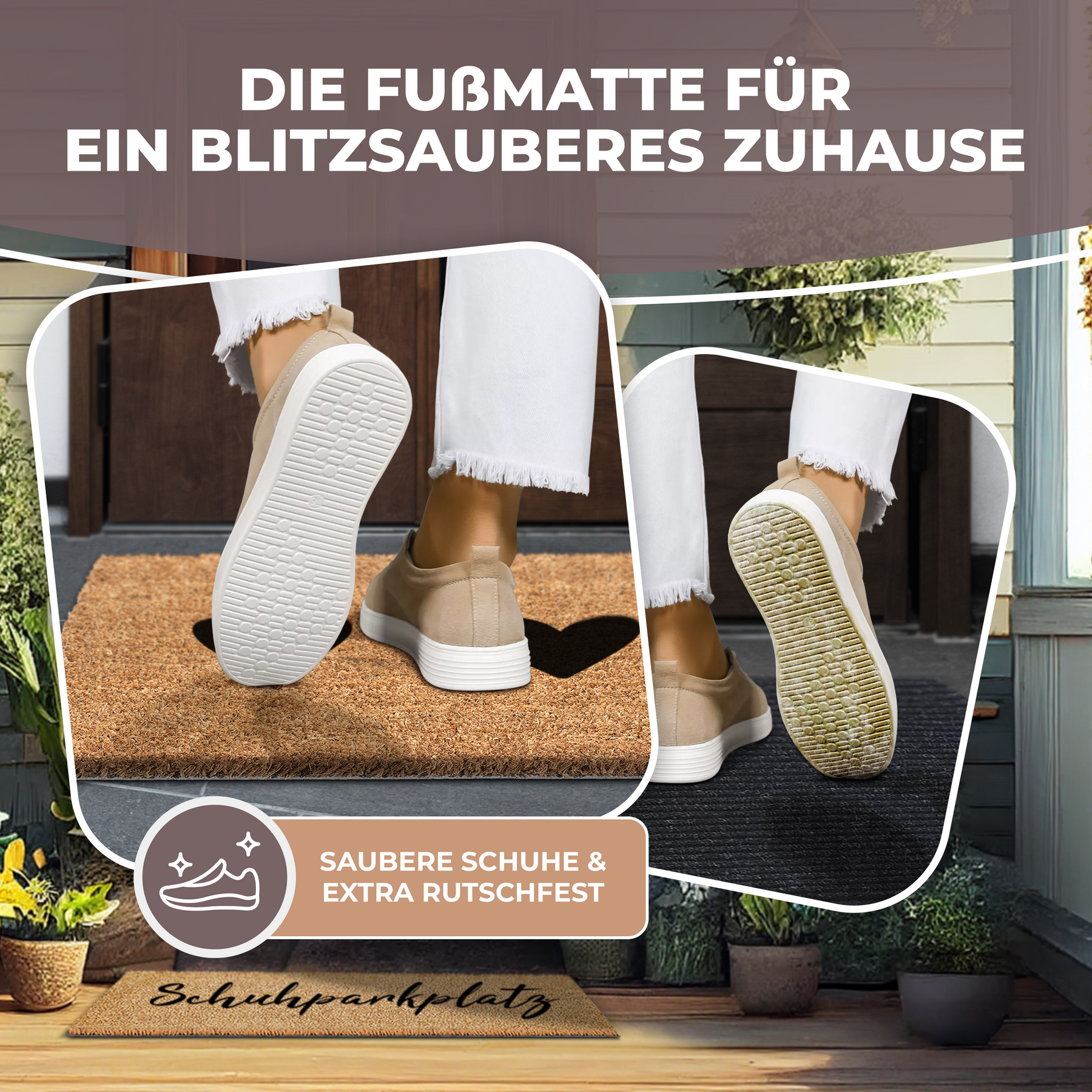 Nahaufnahme zweier Schuhsohlen, die über eine ElbFuchs Kokos-Fußmatte mit Herz-Motiv streifen, mit dem Hinweis 'Saubere Schuhe & extra rutschfest'. Im Hintergrund ist verschwommen ein Hauseingang mit einer weiteren beschrifteten Fußmatte 'Schuhparkplatz' zu erkennen.