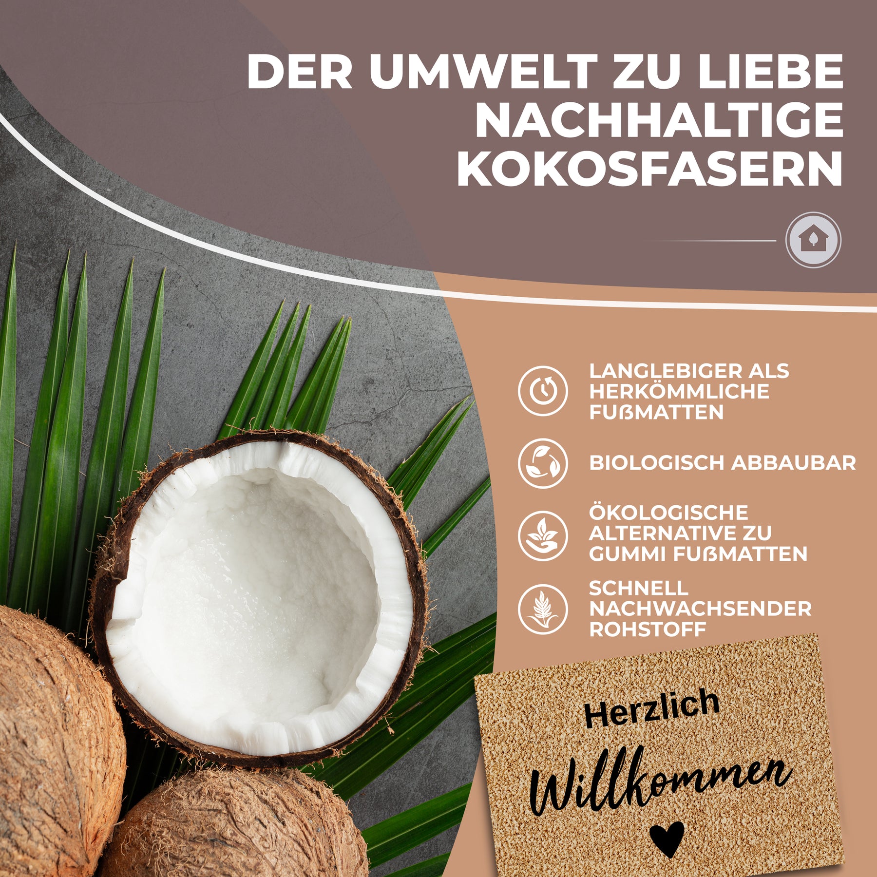 Eine aufgeschnittene Kokosnuss und Palmblätter symbolisieren die nachhaltigen Kokosfasern der ElbFuchs Fußmatte „Herzlich Willkommen“, ergänzt durch Hinweise zu biologischer Abbaubarkeit und schnell nachwachsendem Rohstoff.