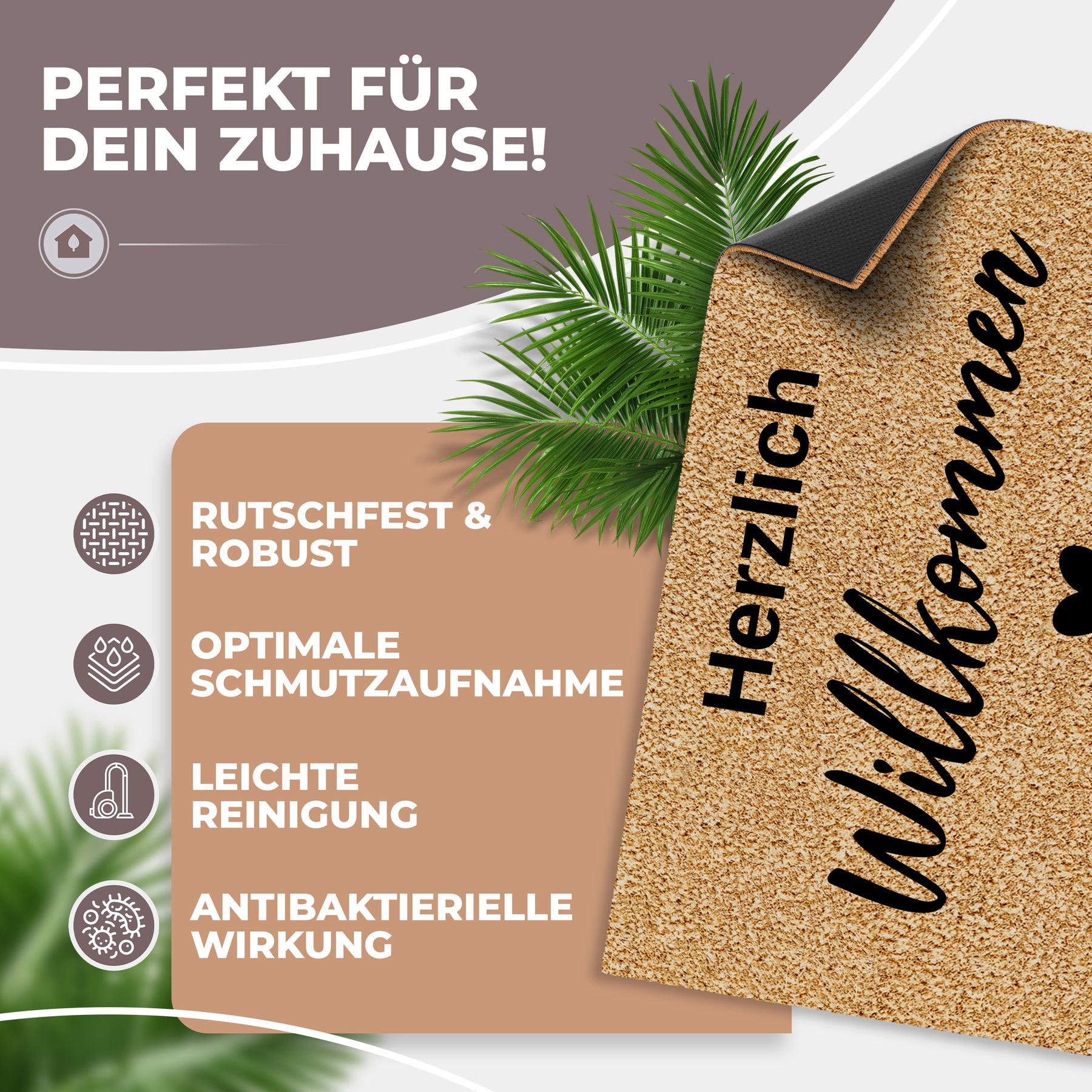 Hochgeklappte Ecke der ElbFuchs Kokos-Fußmatte mit dem handschriftlich anmutenden Schriftzug 'Herzlich Willkommen', die die schwarze rutschfeste Unterseite zeigt, umrahmt von Palmblättern und Icons zu Rutschfestigkeit, Schmutzaufnahme und antibakterieller Wirkung.