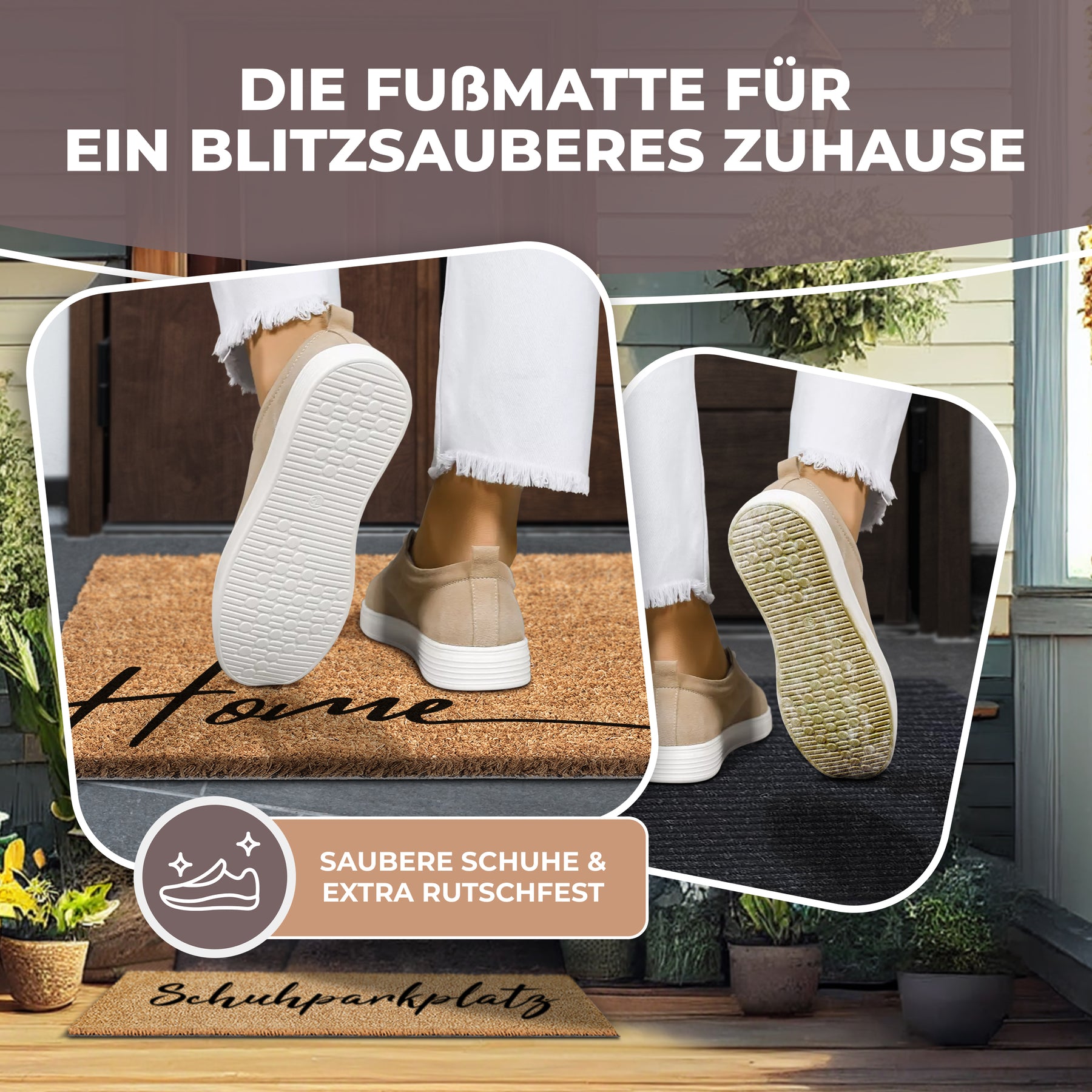 Ein Fuß in weißer Hose und beigem Sneaker tritt auf die ElbFuchs Kokosfußmatte „Home“ vor einer Haustür, während Nahaufnahmen der Sohlen die rutschfeste Struktur zeigen, ergänzt durch das Badge „Saubere Schuhe & extra rutschfest“.