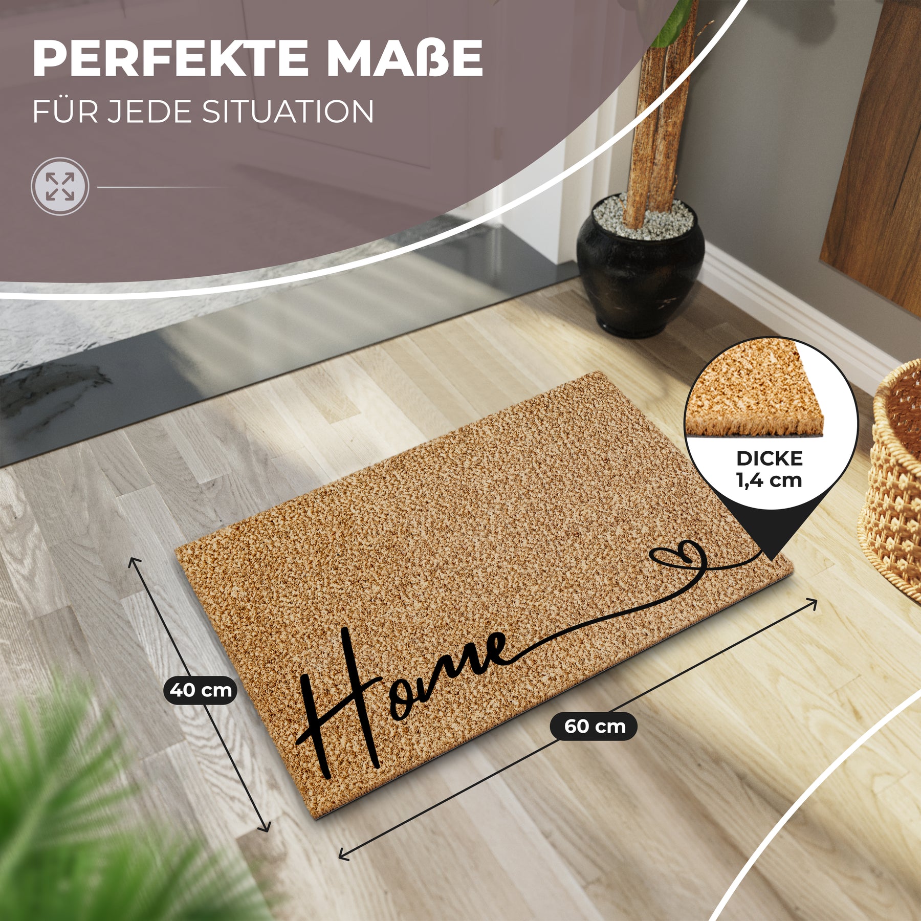 Die ElbFuchs Kokosfußmatte „Home“ mit herzförmigem Schriftzug liegt in einem hellen Eingangsbereich auf Holzboden, mit eingeblendeten Maßen von 60 x 40 cm und einer Dicke von 1,4 cm.