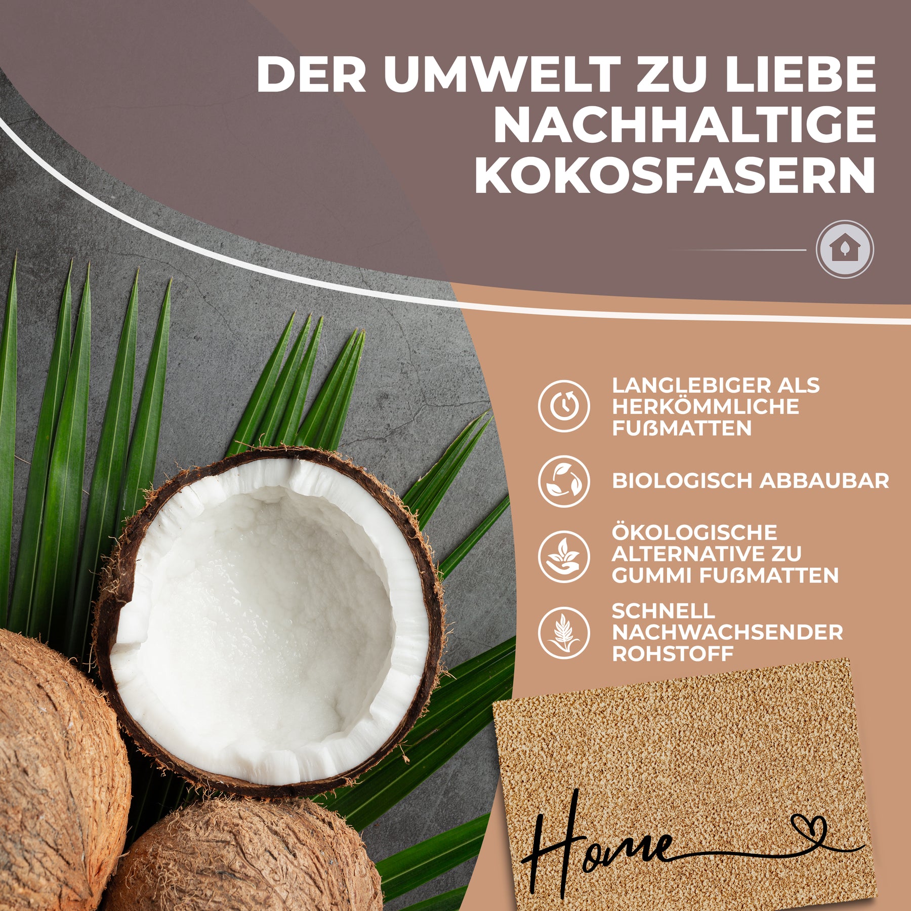 Eine halbierte Kokosnuss und Palmblätter stehen für die nachhaltigen Fasern der ElbFuchs Fußmatte „Home“, ergänzt durch Hinweise zu biologischer Abbaubarkeit und schnell nachwachsendem Rohstoff.
