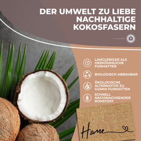 Eine halbierte Kokosnuss und Palmblätter stehen für die nachhaltigen Fasern der ElbFuchs Fußmatte „Home“, ergänzt durch Hinweise zu biologischer Abbaubarkeit und schnell nachwachsendem Rohstoff.