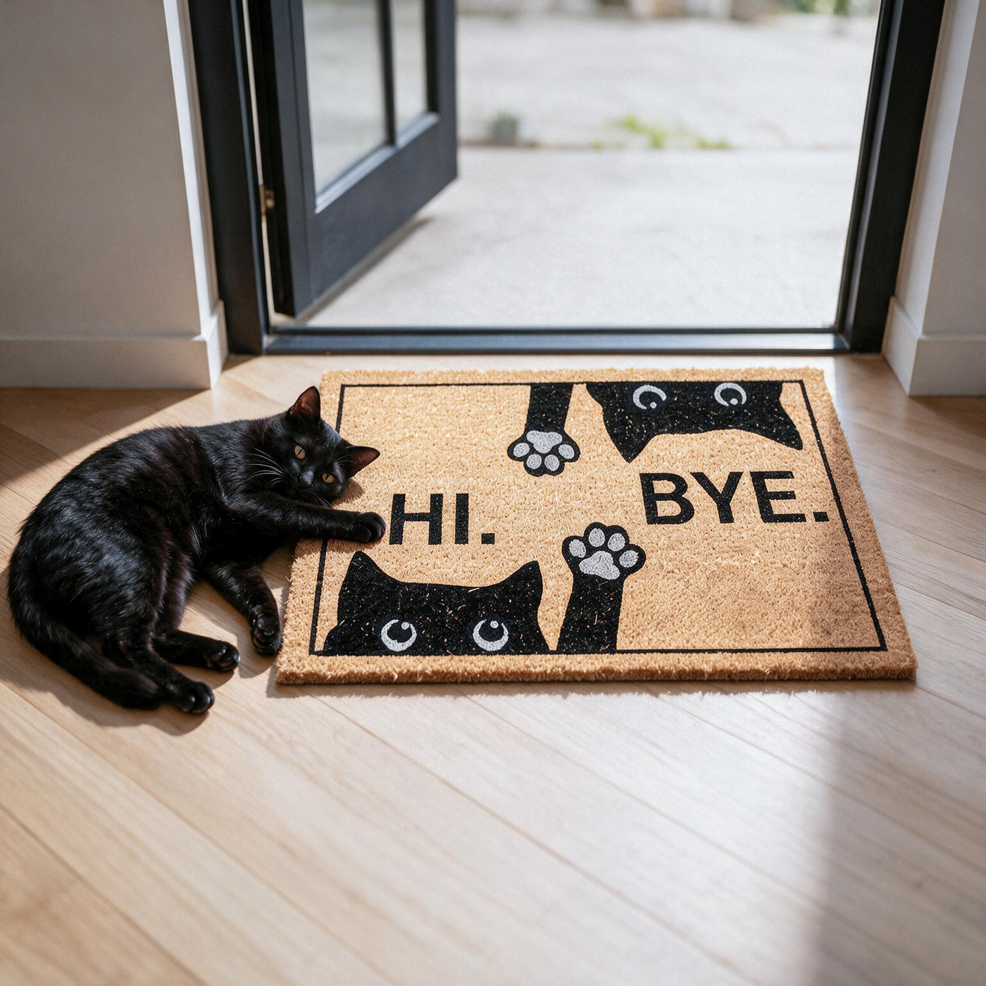 Schwarze Katze liegt neben der witzigen ElbFuchs Kokos-Fußmatte 'Hi. Bye.' mit Katzen-Motiv im Eingangsbereich, Hamburg.