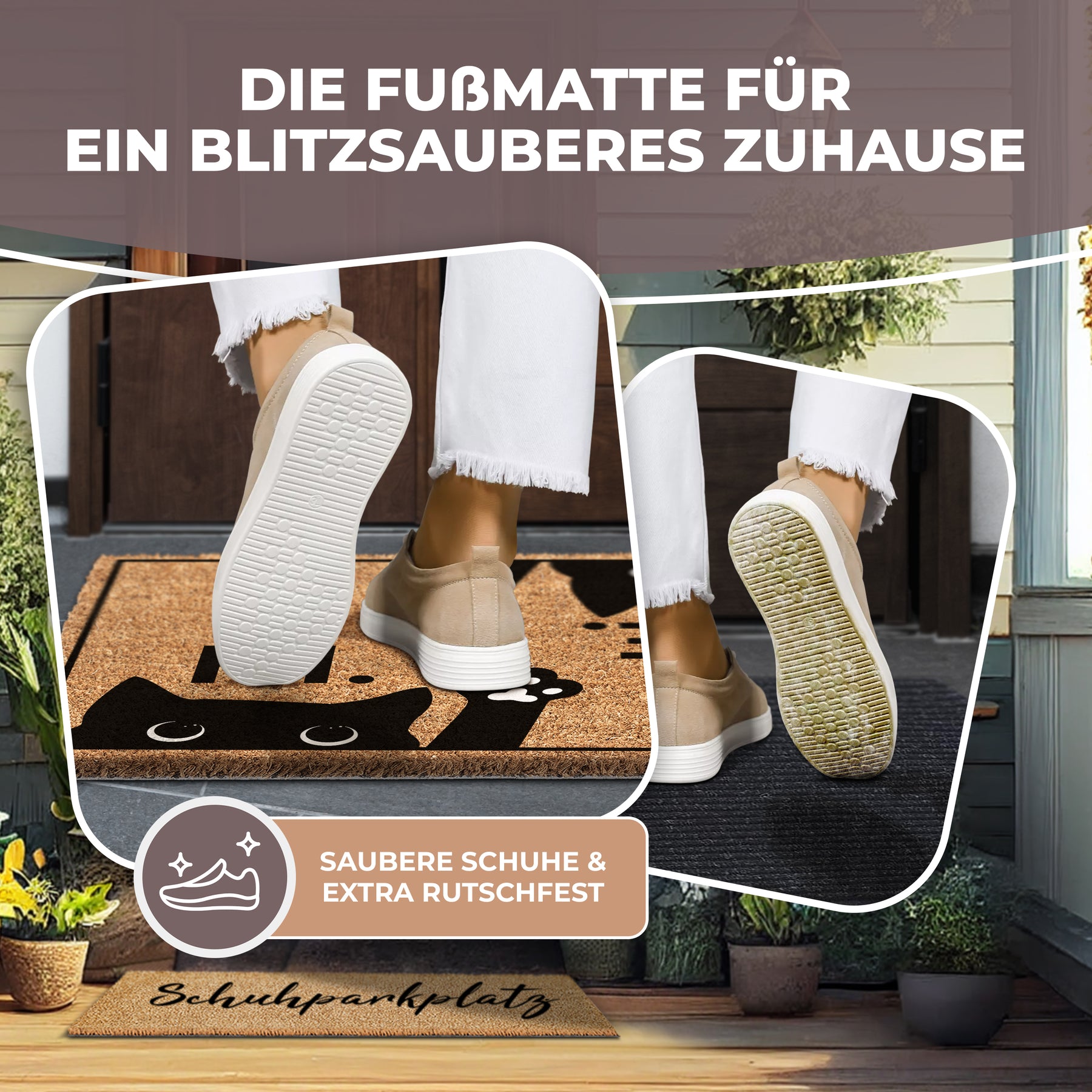Nahaufnahme von Schuhsohlen, die auf der ElbFuchs Kokos-Schmutzfangmatte mit Katzenmotiv vor der Haustür abgestreift werden, mit Vorher-Nachher-Vergleich für saubere, rutschfeste Schuhe.