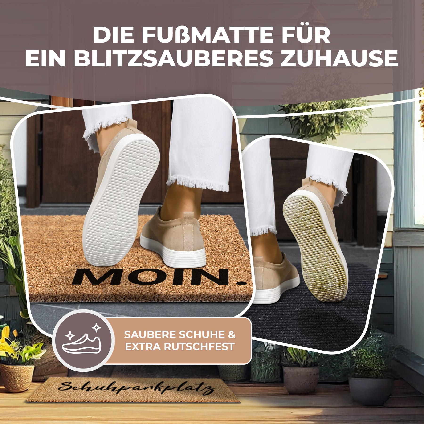 Nahaufnahme zweier Schuhsohlen, die auf der ElbFuchs Kokos-Schmutzfangmatte 'MOIN.' vor der Haustür abgestreift werden, mit Vorher-Nachher-Vergleich für rutschfeste, saubere Schuhe.