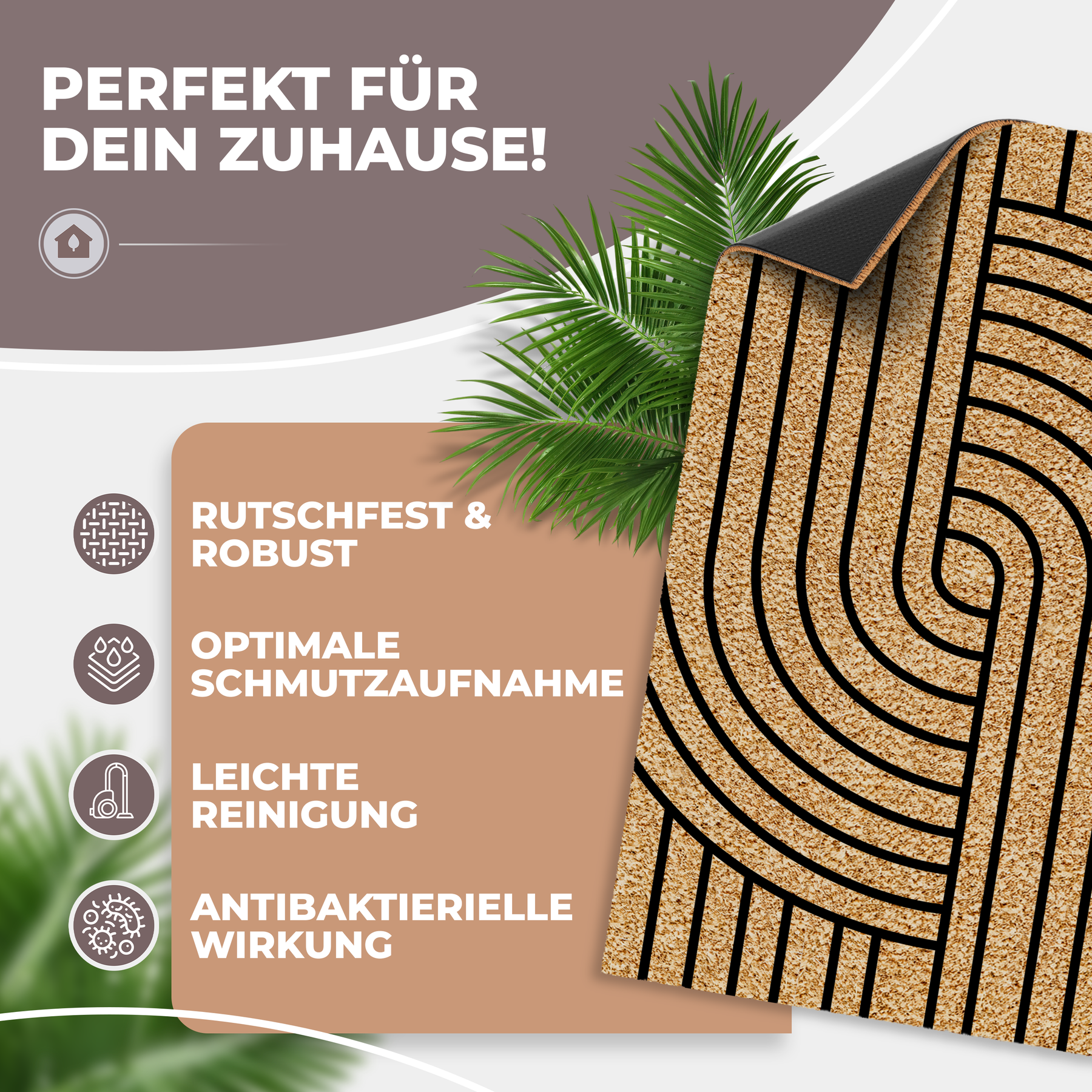 Hochgeklappte Ecke der ElbFuchs Kokos-Fußmatte 'Harmony Stripes' mit gebogenem Streifenmuster, die die schwarze rutschfeste Unterseite zeigt, umrahmt von Palmblättern und Icons zu Rutschfestigkeit, Schmutzaufnahme und antibakterieller Wirkung.