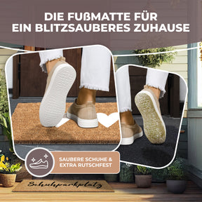 Zwei Nahaufnahmen zeigen helle Sneaker beim Abtreten auf einer ElbFuchs Kokos-Fußmatte mit weißen Herzen vor einer dunklen Haustür, während im Hintergrund die passende Schuhparkplatz-Matte mit Schuhen zu sehen ist.