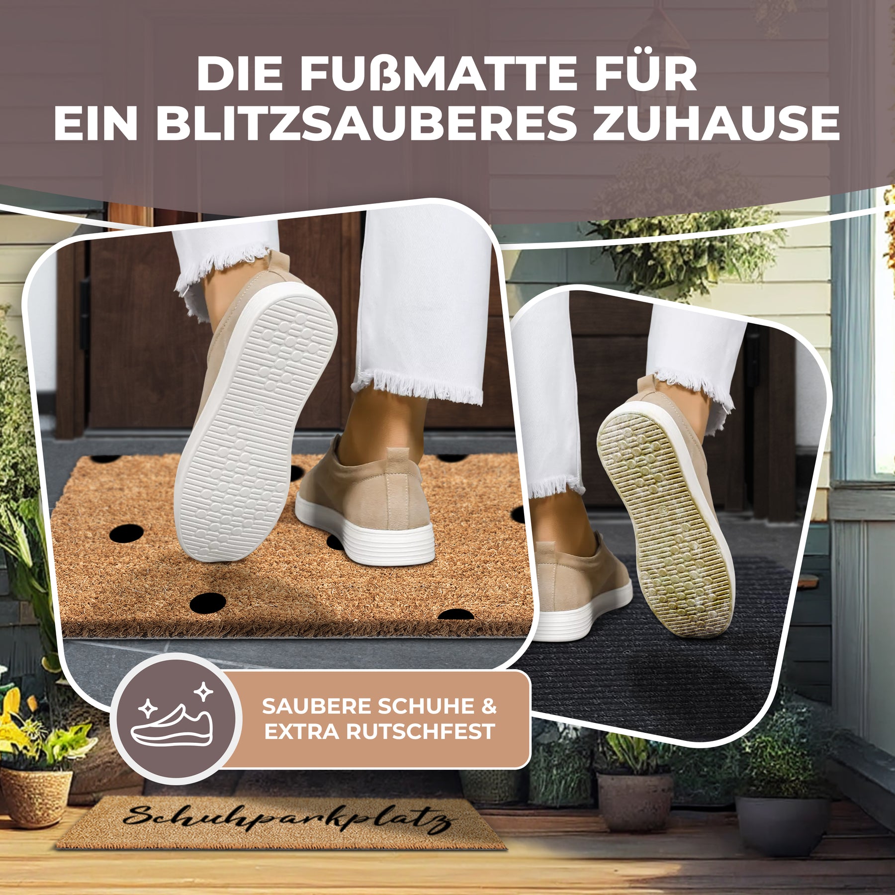 Zwei Nahaufnahmen zeigen helle Sneaker beim Abtreten auf einer ElbFuchs Kokos-Fußmatte mit schwarzen Punkten vor einer dunklen Haustür, während im Hintergrund die passende Schuhparkplatz-Matte mit Schuhen zu sehen ist.