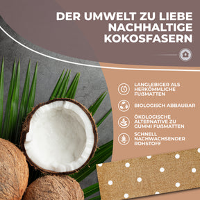Eine aufgeschnittene Kokosnuss mit weißem Fruchtfleisch liegt neben grünen Palmblättern; im Bildausschnitt ist der Rand einer ElbFuchs Kokosfußmatte mit weißen Punkten zu erkennen, die aus dieser nachhaltigen Naturfaser gefertigt wird.