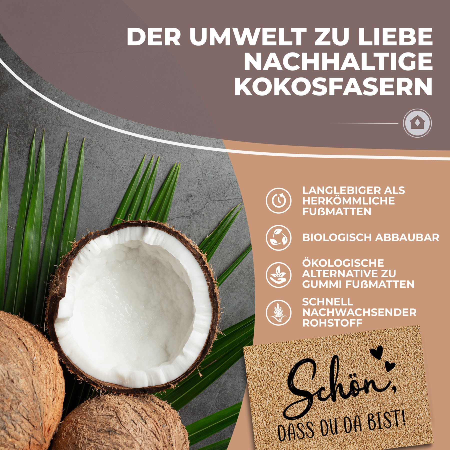 Eine halbierte Kokosnuss und Palmblätter veranschaulichen die nachhaltigen Fasern der ElbFuchs Fußmatte „Schön, dass du da bist!“, ergänzt durch Hinweise zu biologischer Abbaubarkeit und langer Haltbarkeit.
