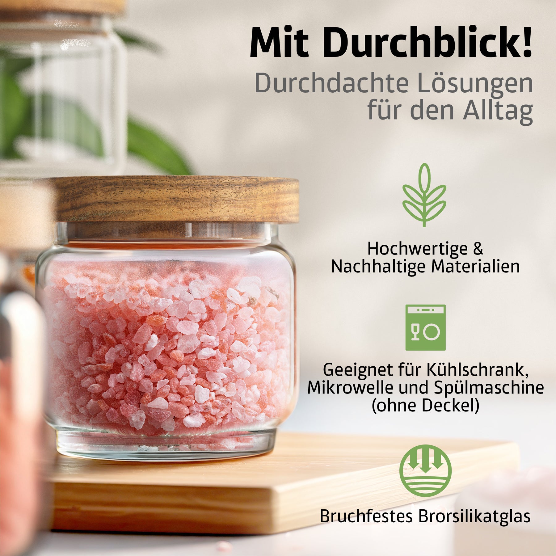 Ein einzelnes ElbFuchs Gewürzglas mit rundem Olivenholzdeckel, gefüllt mit grobem rosa Steinsalz, steht auf einem hellen Holzbrett vor grünen Blättern im Hintergrund. Das transparente Borosilikatglas ermöglicht den vollen Durchblick auf den Inhalt.