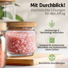 Ein einzelnes ElbFuchs Gewürzglas mit rundem Olivenholzdeckel, gefüllt mit grobem rosa Steinsalz, steht auf einem hellen Holzbrett vor grünen Blättern im Hintergrund. Das transparente Borosilikatglas ermöglicht den vollen Durchblick auf den Inhalt.