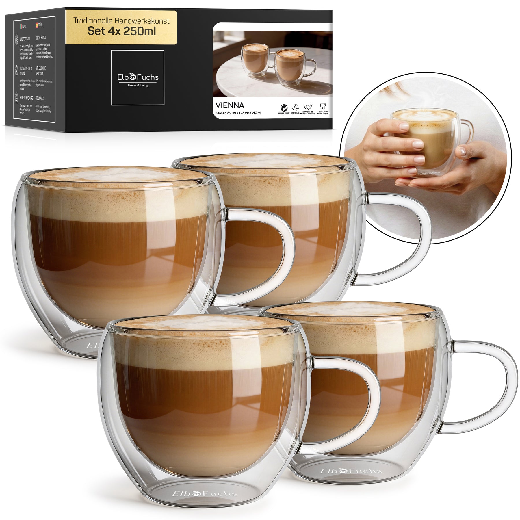 Vier doppelwandige VIENNA Kaffeegläser mit Henkel, gefüllt mit geschichtetem Milchkaffee, stehen vor der ElbFuchs Verpackung im Set 4x250ml; ein rundes Detailfoto zeigt zwei Hände, die eines der Gläser wärmend halten.