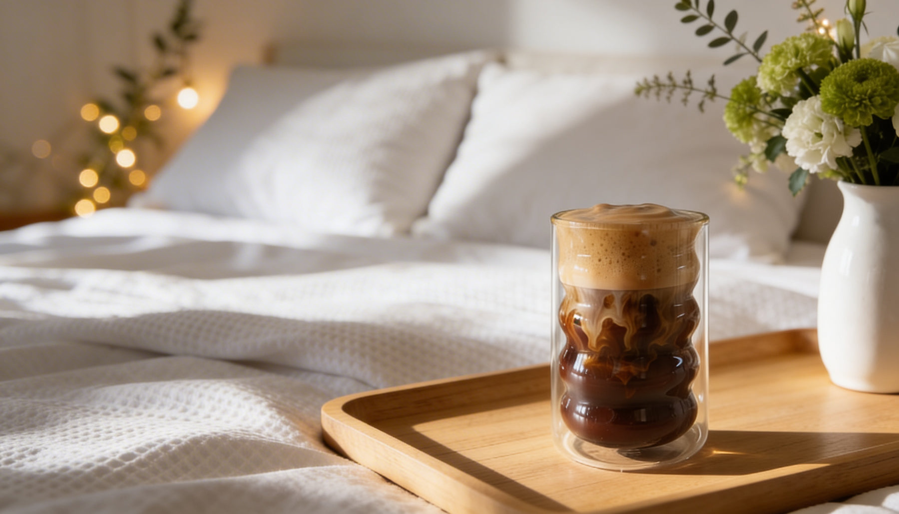 Ästhetisches 400ml Bubble Thermoglas Marke ElbFuchs. Modell LISBON mit Thermo-Effekt für Latte Macchiato oder Eiskaffee, ideal als hochwertiges Geschenk für Design-Liebhaber.