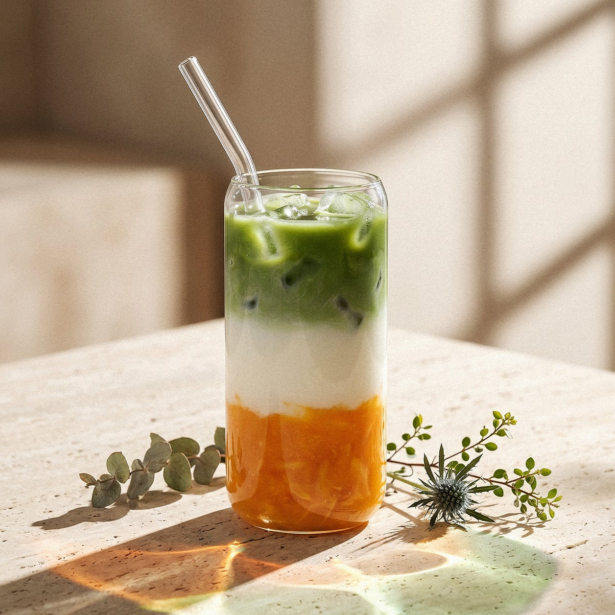 Ein geschichtetes Iced Mango-Matcha-Getränk in einem hohen, dosen-ähnlichen Glas von der Marke Elbfuchs mit einer Schicht aus orangefarbenem Fruchtpüree unten, weißer Milch in der Mitte und leuchtend grünem Matcha-Tee oben, serviert mit Eis und einem transparenten Glas-Trinkhalm. Das Glas steht auf einer hellen Travertin-Steinoberfläche neben dekorativen getrockneten Eukalyptuszweigen und einer blauen Distelkapsel vor einem sonnenbeschienenen Hintergrund mit Gitter-Schatten.