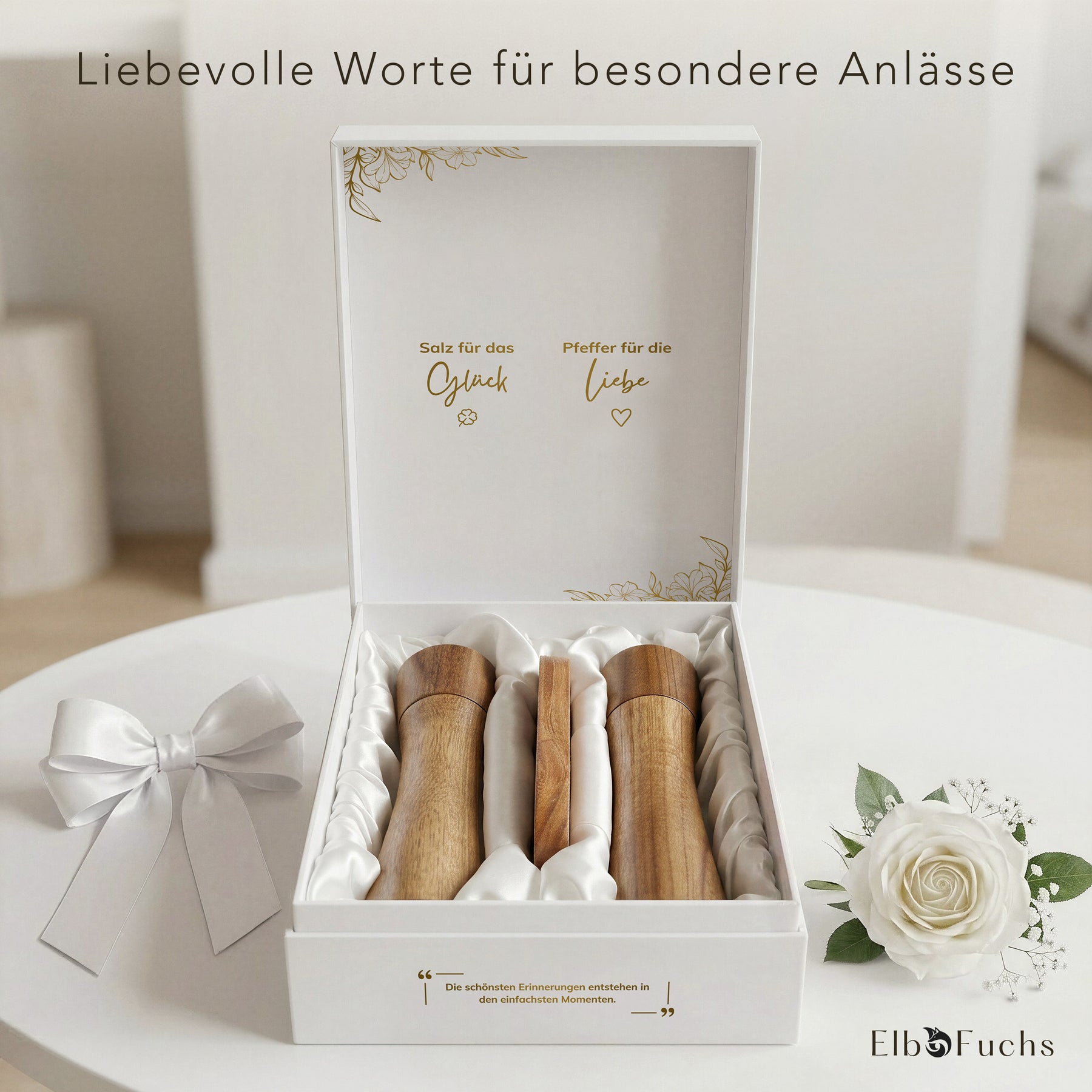 Geöffnete Geschenkbox Glück & Liebe mit Salz- und Pfeffermühlen Akazie – Geschenk zur Hochzeit, Hölzernen Hochzeit und zum Einzug