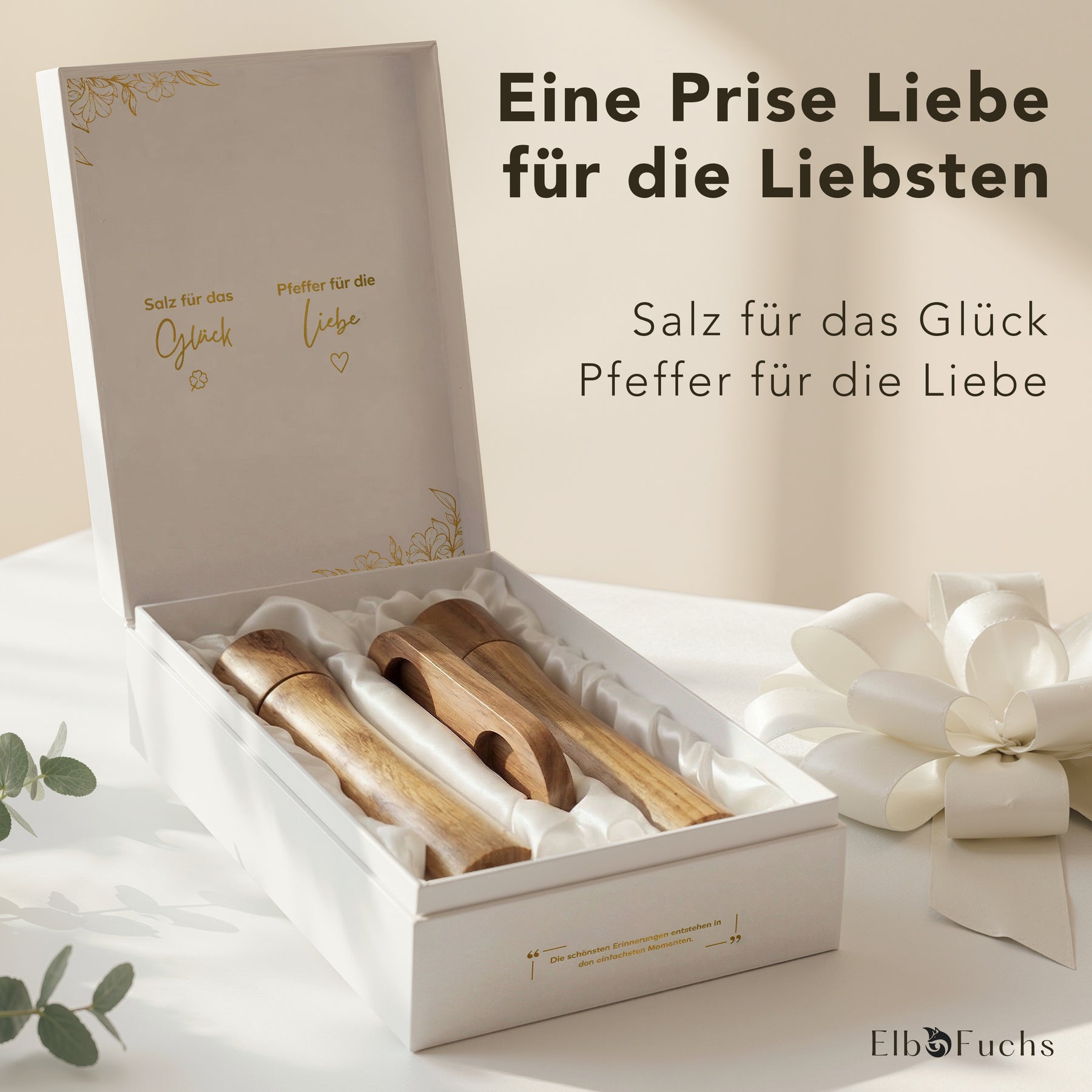 Geschenkbox Salz für das Glück, Pfeffer für die Liebe mit Gewürzmühlen aus Akazienholz