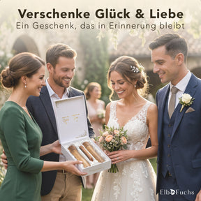 Hochzeitsgeschenk für das Brautpaar: Salz- und Pfeffermühlen Set Akazie in der Geschenkbox Glück & Liebe
