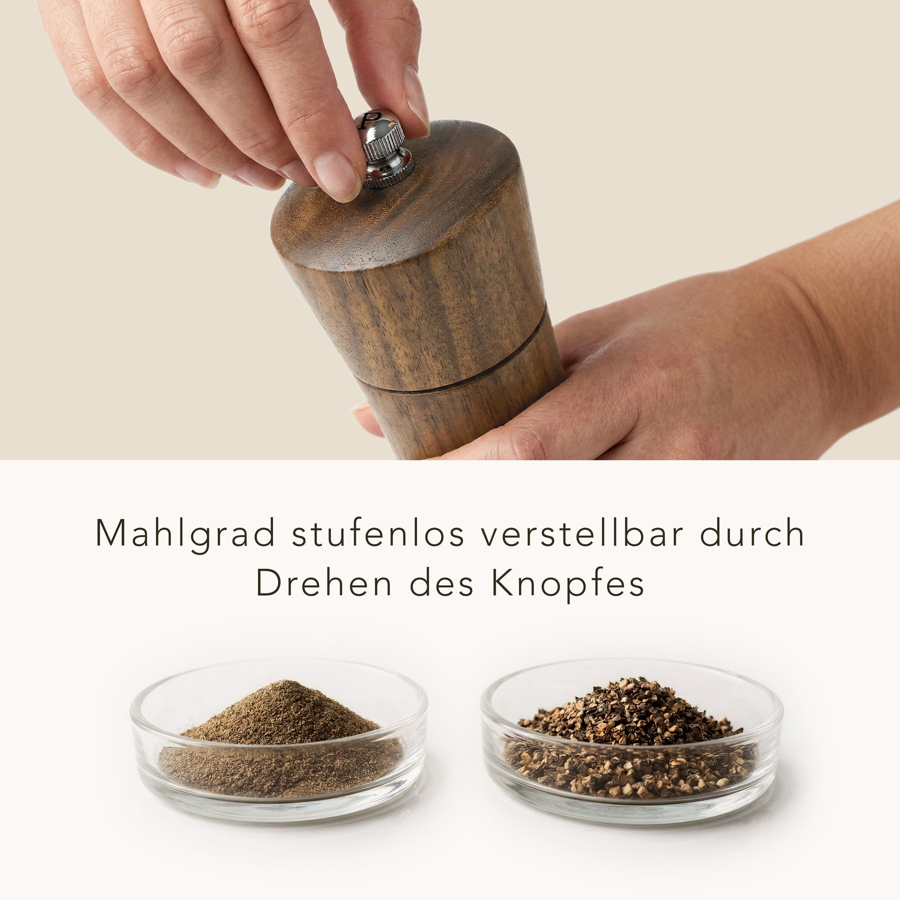 Mahlgrad der Holz-Pfeffermühle stufenlos verstellbar durch Drehen des Knopfes – Keramik-Edelstahl-Mahlwerk fein bis grob