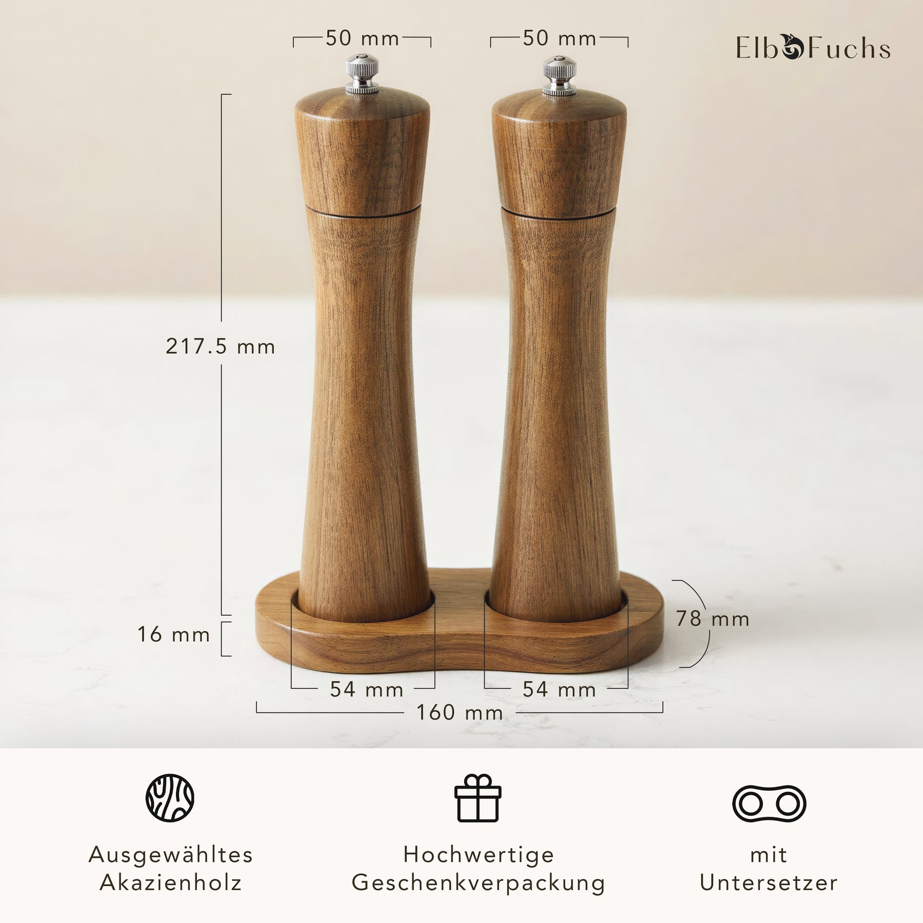 Maße der Salz- und Pfeffermühle Akazie: 217,5 mm hoch, Untersetzer 160 x 78 mm – Akazienholz, Geschenkverpackung, mit Untersetzer