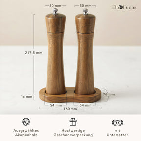 Maße der Salz- und Pfeffermühle Akazie: 217,5 mm hoch, Untersetzer 160 x 78 mm – Akazienholz, Geschenkverpackung, mit Untersetzer