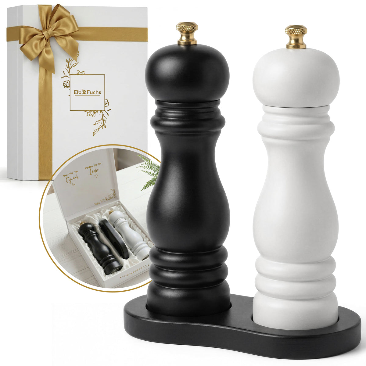 ElbFuchs Salz- und Pfeffermühlen Set Schwarz Weiß aus Holz mit Untersetzer und Geschenkbox Glück & Liebe – Salzmühle weiß, Pfeffermühle schwarz