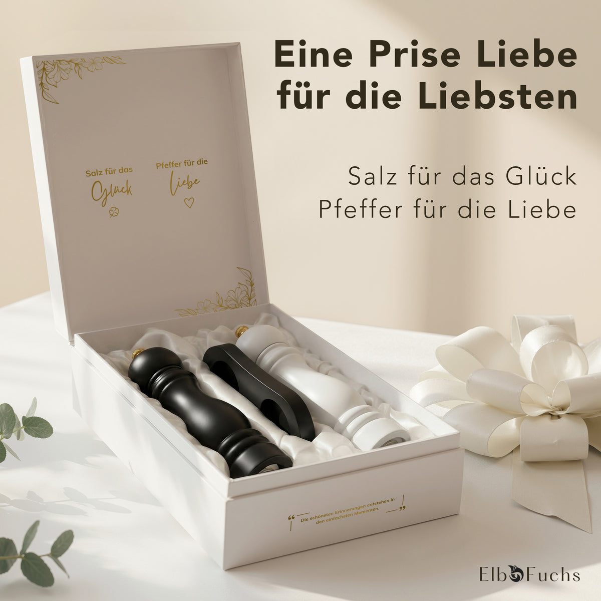Geschenkbox Salz für das Glück, Pfeffer für die Liebe mit schwarzer und weißer Gewürzmühle