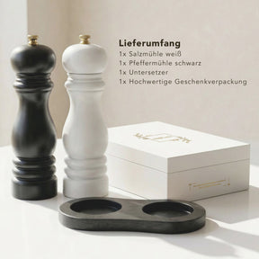 Lieferumfang: Salzmühle weiß, Pfeffermühle schwarz, Untersetzer und hochwertige Geschenkverpackung