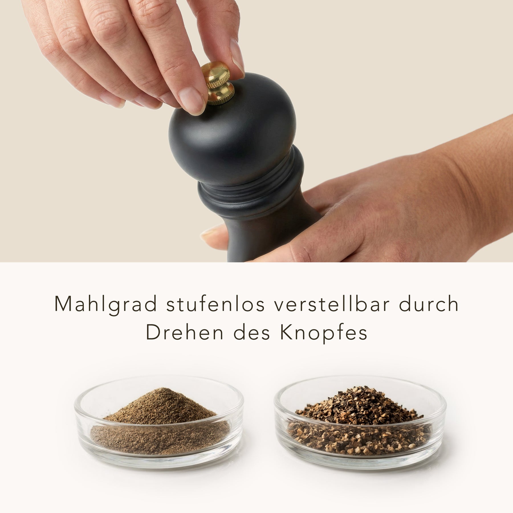 Mahlgrad der schwarzen Pfeffermühle stufenlos verstellbar durch Drehen des Knopfes – Keramik-Edelstahl-Mahlwerk fein bis grob