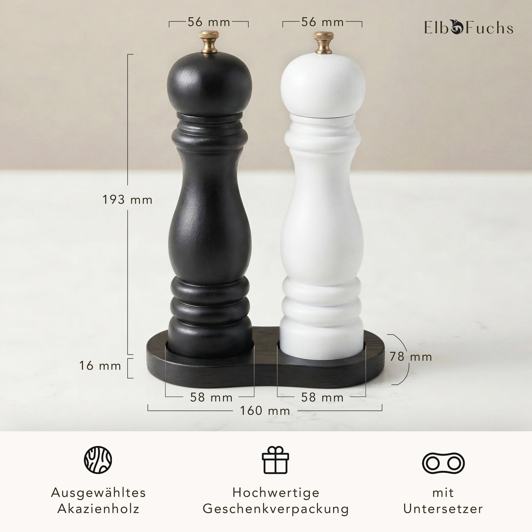 Maße der Salz- und Pfeffermühle Schwarz Weiß: 193 mm hoch, Untersetzer 160 x 78 mm – Akazienholz, Geschenkverpackung, mit Untersetzer