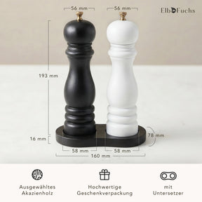 Maße der Salz- und Pfeffermühle Schwarz Weiß: 193 mm hoch, Untersetzer 160 x 78 mm – Akazienholz, Geschenkverpackung, mit Untersetzer
