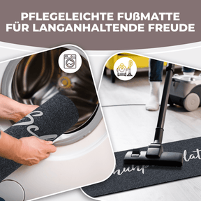 Grafik zeigt eine anthrazitfarbene ElbFuchs Schuhparkplatz Matte mit Schreibschrift-Schriftzug, die in eine Waschmaschine gerollt und anschließend mit einem Staubsauger gereinigt wird – Symbol für die pflegeleichte Handhabung.