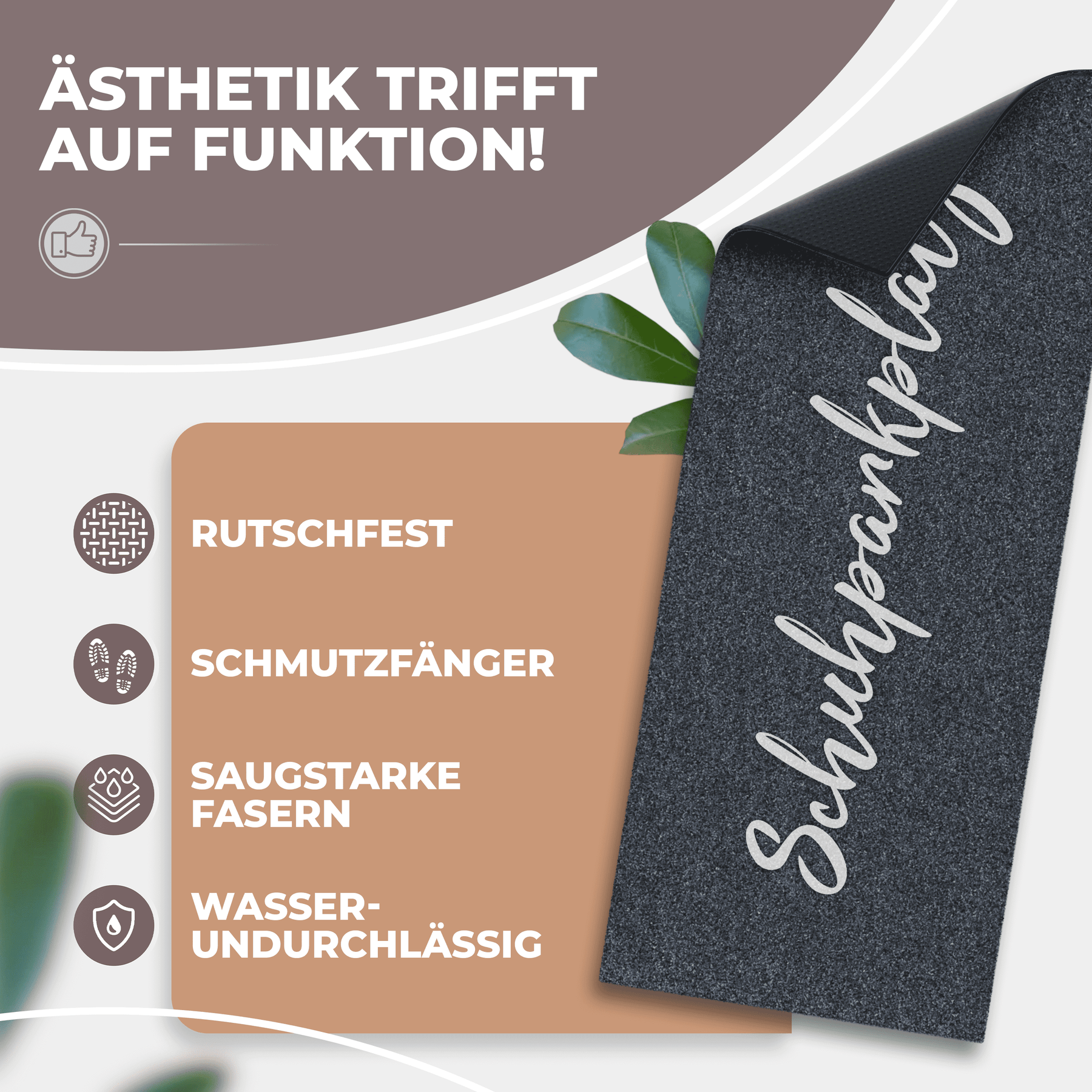 Eine aufgerollte anthrazitfarbene ElbFuchs Schuhparkplatz Fußmatte mit elegantem Schreibschrift-Schriftzug und sichtbarer rutschfester Unterseite, dekoriert mit grünen Blättern; Icons zeigen Rutschfestigkeit, Schmutzfang und Wasserundurchlässigkeit.