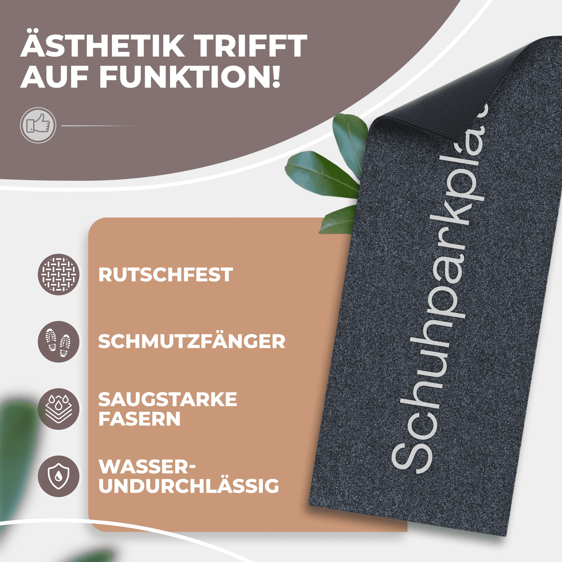 Eine aufgerollte anthrazitfarbene ElbFuchs Schuhparkplatz Fußmatte mit sichtbarer rutschfester schwarzer Unterseite, dekoriert mit grünen Blättern; Icons weisen auf Rutschfestigkeit, Schmutzfang und Wasserundurchlässigkeit hin.