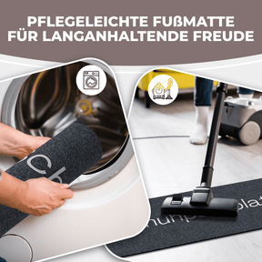 Grafik zeigt eine anthrazitfarbene ElbFuchs Schuhparkplatz Matte, die in eine Waschmaschine gerollt und anschließend auf dem Boden mit einem Staubsauger gereinigt wird – Hinweis auf die pflegeleichte, waschbare Ausführung.